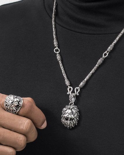 Silver Lion Pendant – 925 Sterling Silver, 24mm x 37mm, Braid/Roman Links/Rimini Chains, Majestic Jewelry