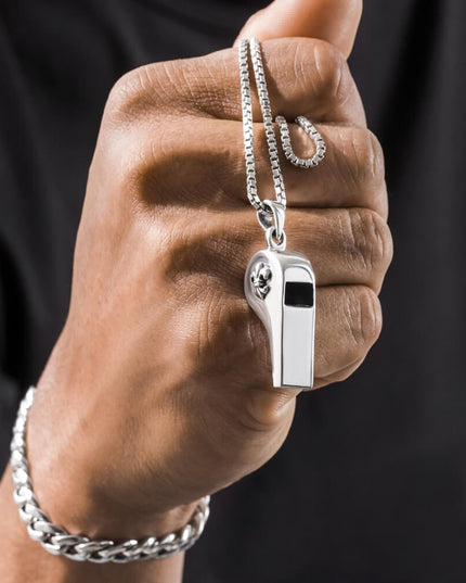 Silver Whistle 925 Sterling Silver Pendant with Fleur-de-Lis – Functional Design, 16x34mm, 18.5g