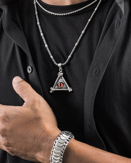 Masonic Eye Pendant – All-Seeing Eye, 925 Sterling Silver, Red or Blue, 38.6x30.3mm, with Recommended Chains