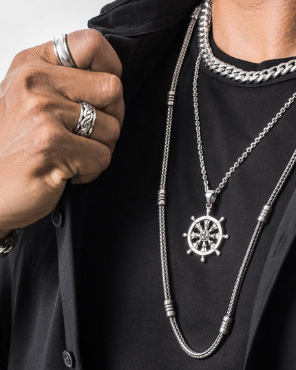 Ship Wheel Pendant – 925 Sterling Silver, 32.8mm Diameter, Nautical-Inspired Jewelry with Anchor, Capri Breeze, or Rimini Style Chain
