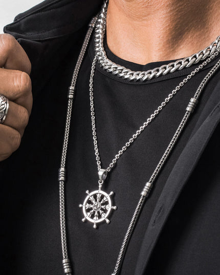 Ship Wheel Pendant – 925 Sterling Silver, 32.8mm Diameter, Nautical-Inspired Jewelry with Anchor, Capri Breeze, or Rimini Style Chain
