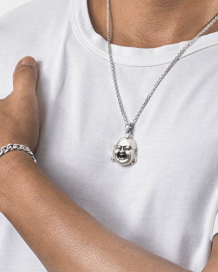 Happy Buddha Pendant – 925 Sterling Silver, 25mm x 28mm, Anchor/Italian Rope/Woven 3mm Chains, Lucky Abundance Jewelry