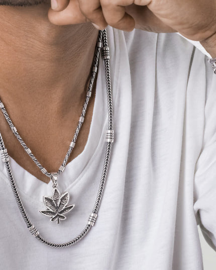 Indica Weed Leaf Pendant – 925 Sterling Silver, 32mm, Rimini/Capri Breeze/Woven Rope Chains, Unisex Jewelry