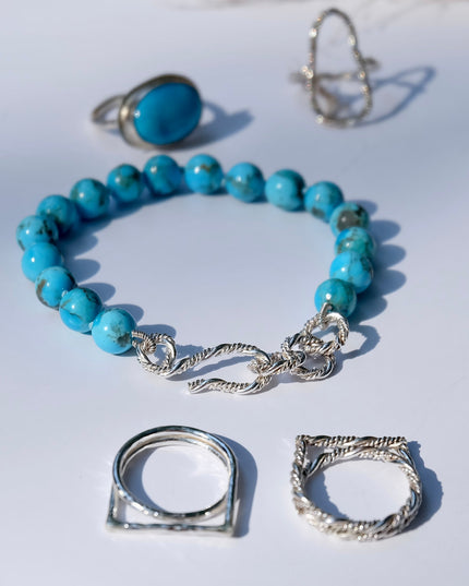 Turquoise Bead Bracelet – Genuine Kingman Turquoise, Sterling Silver Clasp, Hand-Knotted