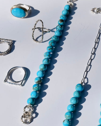 Turquoise Bead Bracelet – Genuine Kingman Turquoise, Sterling Silver Clasp, Hand-Knotted