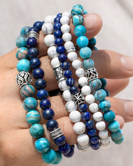 Howlite 925 Sterling Silver & Natural Gemstone Bead Bracelet – White with Grey Veins, 6mm/8mm/10mm, Sizes S–XL, Unisex