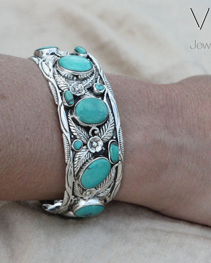 Turquoise Leaves Cuff Bracelet – Solid 925 Sterling Silver with Genuine Turquoise Stones