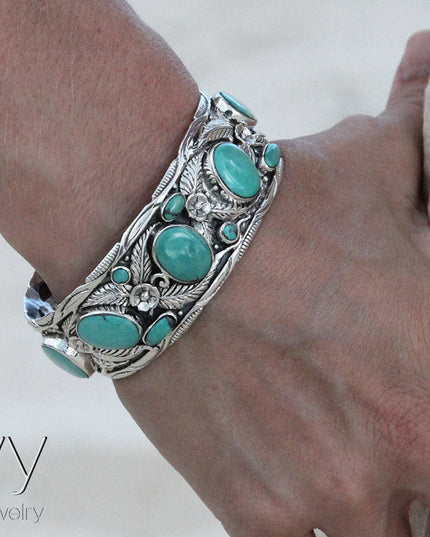 Turquoise Leaves Cuff Bracelet – Solid 925 Sterling Silver with Genuine Turquoise Stones