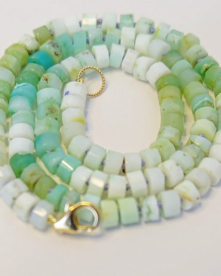 Green Opal Candy Necklace – Hand-Knotted Heishi Beads on Lavender Silk with 14K Gold-Filled Clasp (16.75")