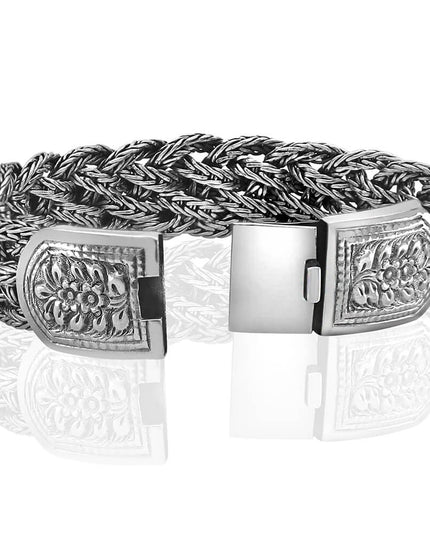Victorian Flowers 925 Sterling Silver Braided Bracelet – 17mm Wide, Sizes 7–10.5, Made in Thailand