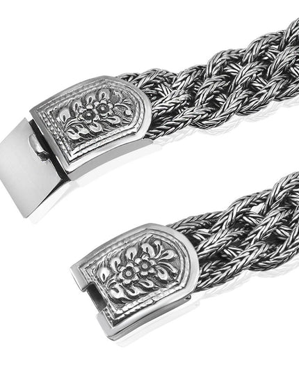 Victorian Flowers 925 Sterling Silver Braided Bracelet – 17mm Wide, Sizes 7–10.5, Made in Thailand