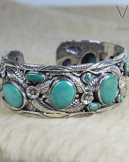 Turquoise Leaves Cuff Bracelet – Solid 925 Sterling Silver with Genuine Turquoise Stones