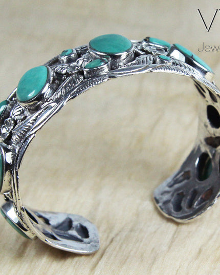 Turquoise Leaves Cuff Bracelet – Solid 925 Sterling Silver with Genuine Turquoise Stones