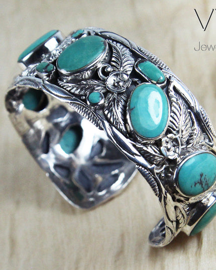 Turquoise Leaves Cuff Bracelet – Solid 925 Sterling Silver with Genuine Turquoise Stones