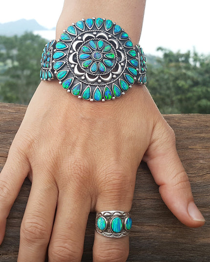 Mandala Cuff Bracelet – Sterling Silver with Genuine Blue Opal Stones