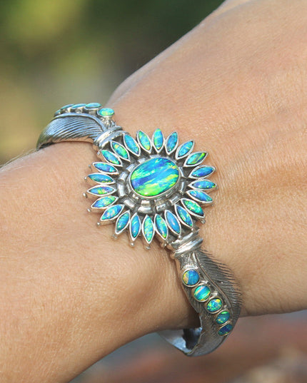 Blue Sun Cuff Bracelet – Solid 925 Sterling Silver with Genuine Blue Opal Stones