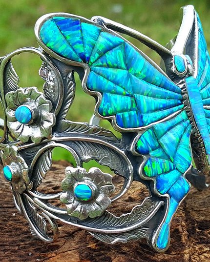 Blue Butterfly Cuff Bracelet – Sterling Silver with Genuine Blue Opal Stones