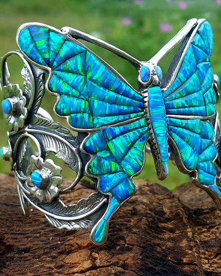 Blue Butterfly Cuff Bracelet – Sterling Silver with Genuine Blue Opal Stones