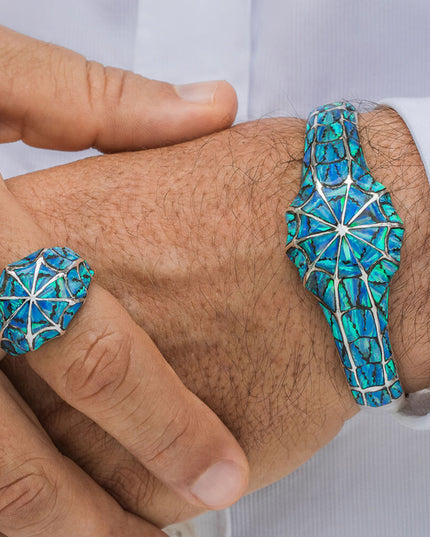 Blue Spider Net Ring – Handmade 925 Sterling Silver with Genuine Blue Opal