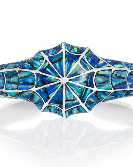 Spider Net Cuff Bracelet – Handcrafted 925 Sterling Silver with Blue Opal & Black Onyx, 26.5mm, Thai Jewelry for Men & Women