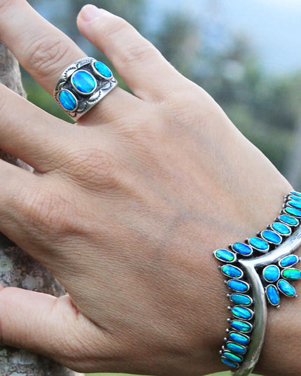 Three Blue Opal Ring – Sterling Silver Women’s Handmade Gemstone Jewelry