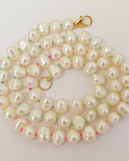 Pearl Necklace - Knotted on Rainbow Silk