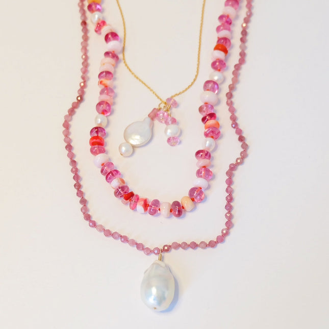 Pink Tourmaline Baroque Pearl Charm Necklace