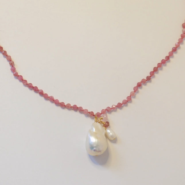 Pink Tourmaline Baroque Pearl Charm Necklace