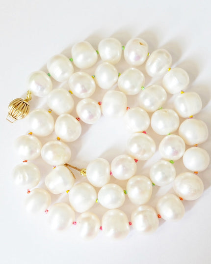 Pearl Necklace on Rainbow Silk 14K Gold