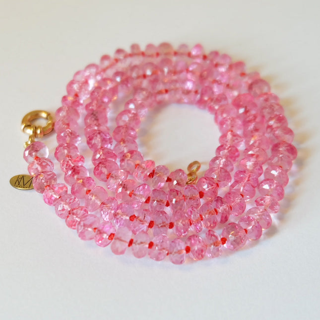 Pink Topaz Necklace Knotted on Silk 14K Gold