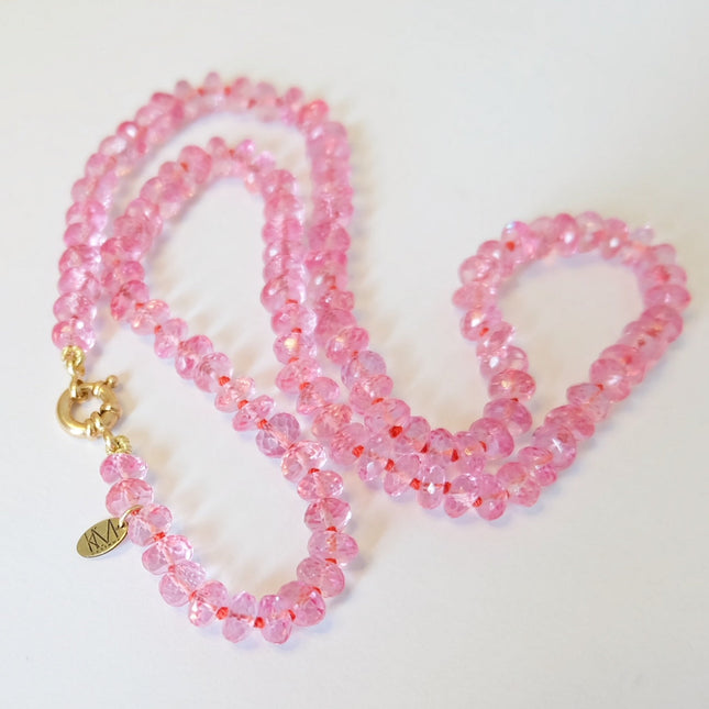 Pink Topaz Necklace Knotted on Silk 14K Gold
