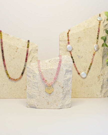 Stunning Pink Tourmaline Necklace 14K Gold Heart Charm