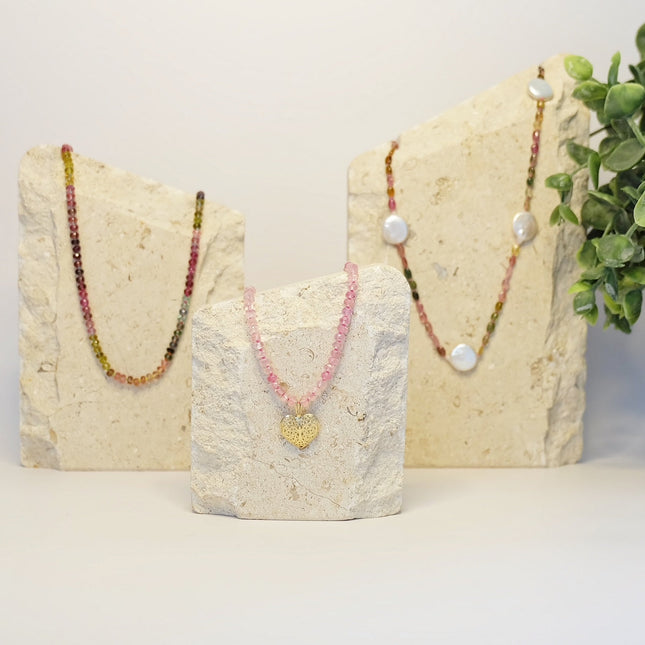 Stunning Pink Tourmaline Necklace 14K Gold Heart Charm