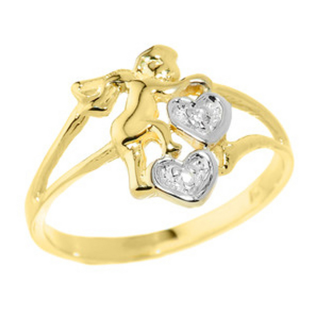 Gold Angel With Diamond And Hearts Ladies Ring (Available In Yellow/Rose/White Gold)