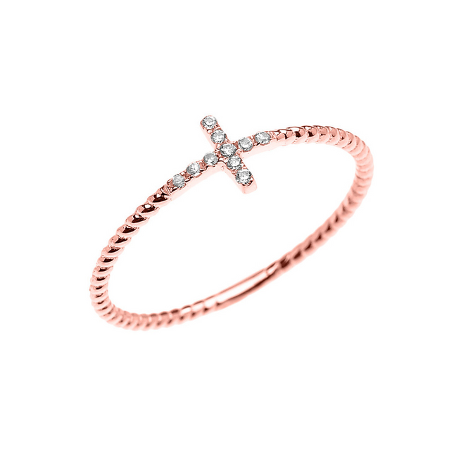 Gold Dainty Diamond Sideways Cross Rope Band Ring (Available In Yellow/Rose/White Gold)