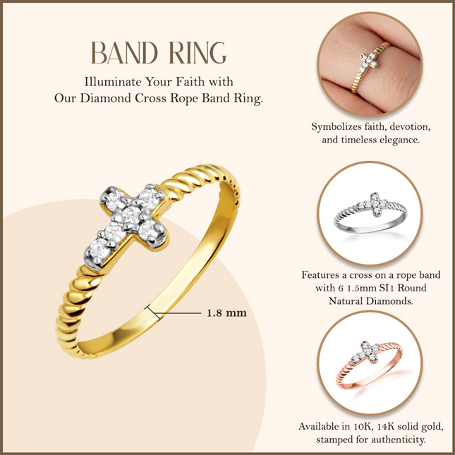 Gold Diamond Cross Rope Band Ring (Available in Yellow/Rose/White Gold)