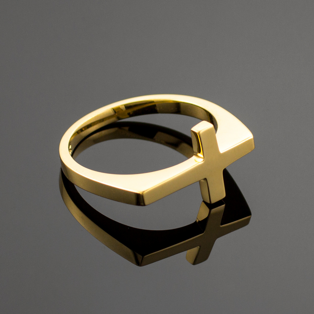 Solid Gold Flat Top Sideways Cross Ring ( Available in Yellow/Rose/White Gold)