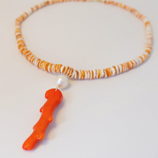 Spiny Oyster Shell Necklace with Coral and Pearl Charm