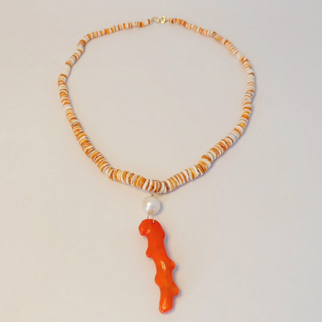Spiny Oyster Shell Necklace with Coral and Pearl Charm