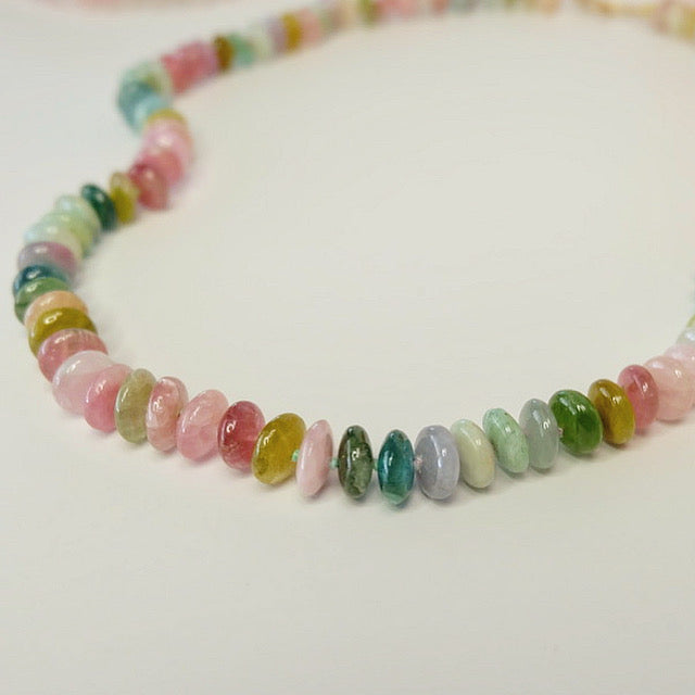 Watermelon Tourmaline Beaded Candy Necklace 14K Gold