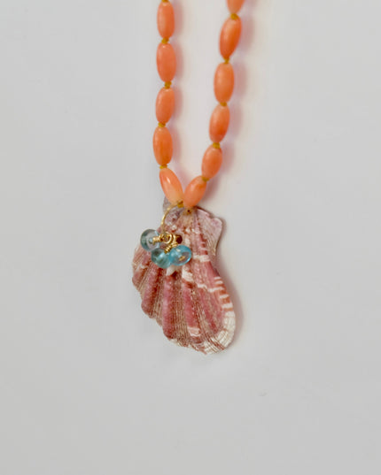 Coral Necklace With Shell and Apatite Charms
