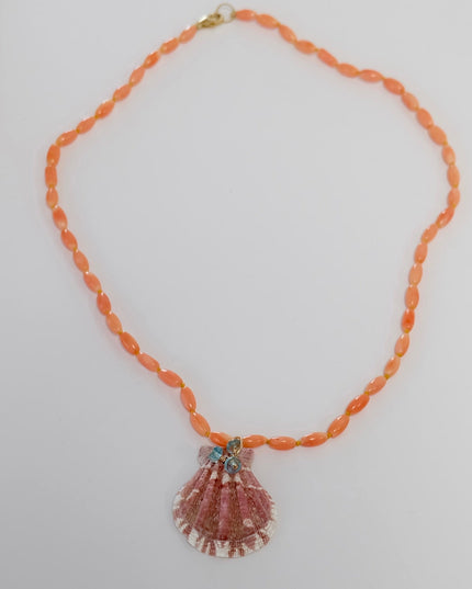Coral Necklace With Shell and Apatite Charms