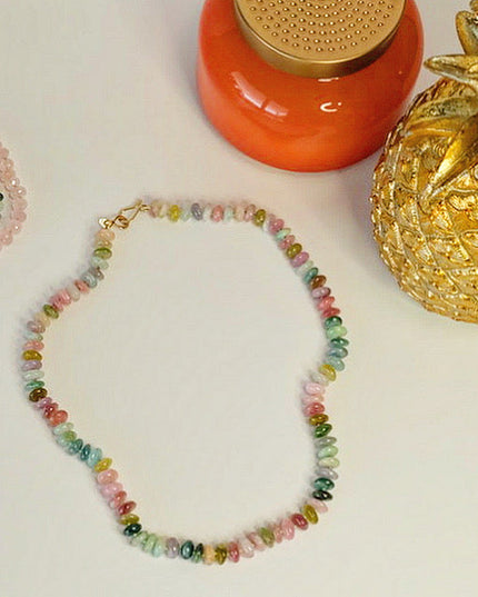 Watermelon Tourmaline Beaded Candy Necklace 14K Gold