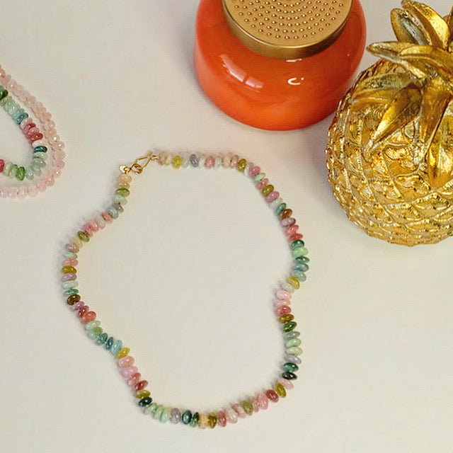 Watermelon Tourmaline Beaded Candy Necklace 14K Gold