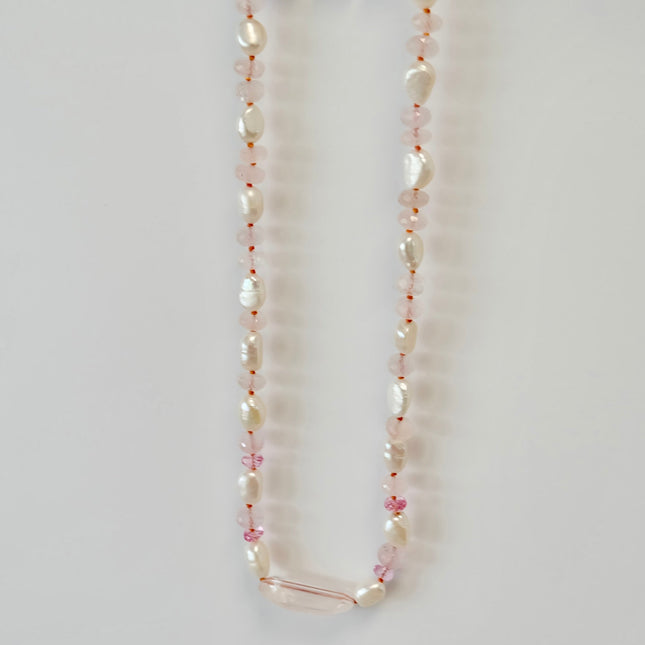 Rose Quartz Pink Topaz Pearl Beaded Candy Necklace