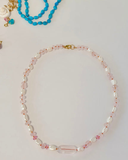 Rose Quartz Pink Topaz Pearl Beaded Candy Necklace