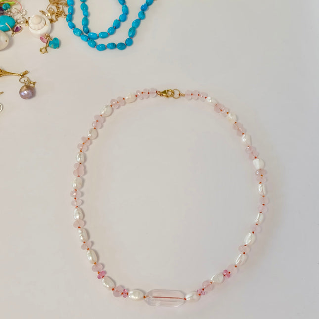 Rose Quartz Pink Topaz Pearl Beaded Candy Necklace