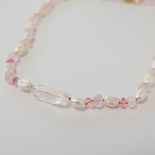 Rose Quartz Pink Topaz Pearl Beaded Candy Necklace