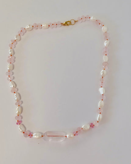 Rose Quartz Pink Topaz Pearl Beaded Candy Necklace
