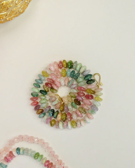 Watermelon Tourmaline Beaded Candy Necklace 14K Gold